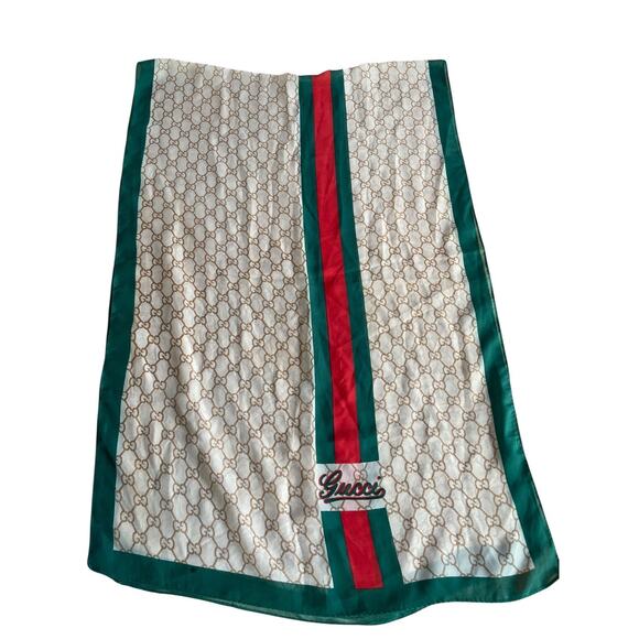 Y2K Gucci Silk Scarf – Beige with GG Stripe Pattern & Green Border Vintage Logo - Picture 1 of 7